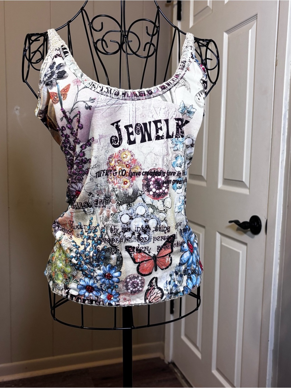 White Multicolor Jewel Print Scoop Neck Tank Top Bling Sequins